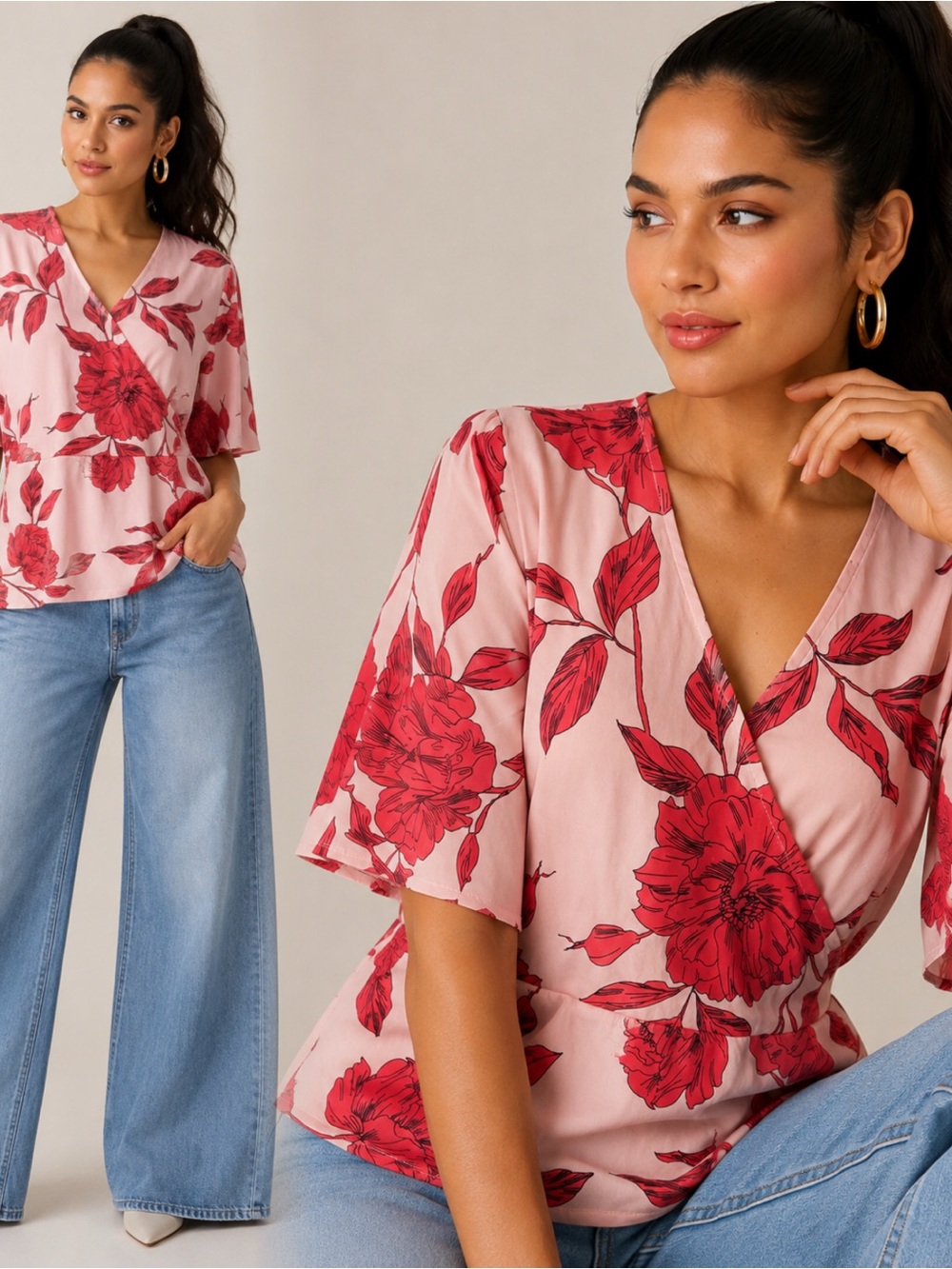 Liz Claiborne Pink Floral Wrap V-Neck Top with Red Blooms